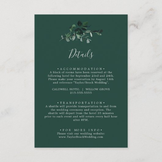 Emerald Greenery | Details groene bruiloft Informatiekaartje (Voorkant)