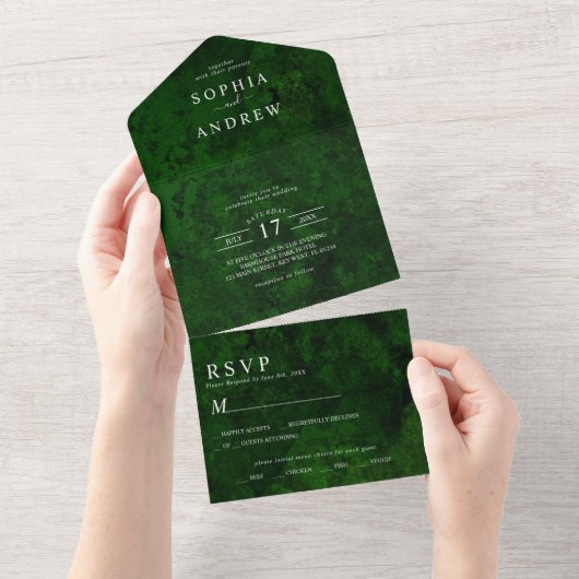 Emerald Greenery en Silver Calligrafie All In One Uitnodiging (Afscheurbaar)