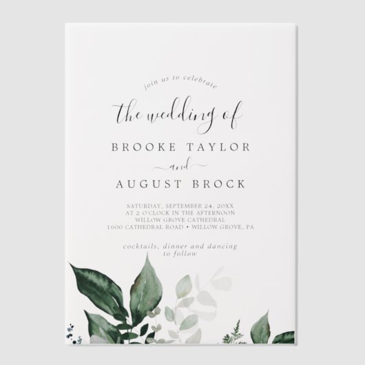 Emerald Greenery Eucalyptus Boho Mountain Wedding Vellum Uitnodigingen (Voorkant)