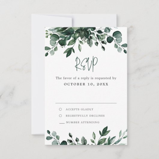 Emerald Greenery Eucalyptus Botanical Wedding RSVP Kaartje (Voorkant)