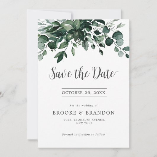 Emerald Greenery Eucalyptus Botanical Wedding Save The Date (Voorkant)