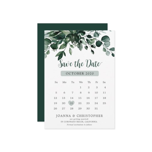 Emerald Greenery Eucalyptus Botanical Wedding Save The Date (Voorkant / Achterkant in situ)