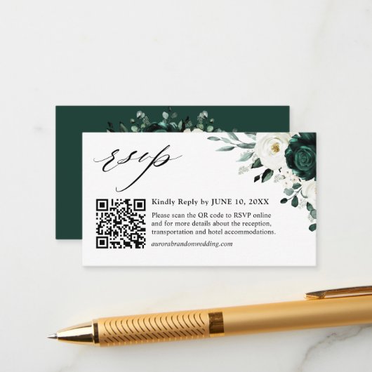 Emerald Greenery Eucalyptus White Floral QR code Informatiekaartje (Voorkant / Achterkant in situ)
