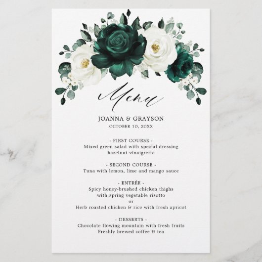 Emerald Greenery Eucalyptus White Wedding Menu (Voorkant)