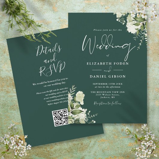 Emerald Greenery Floral QR Code Weddenschap Kaart