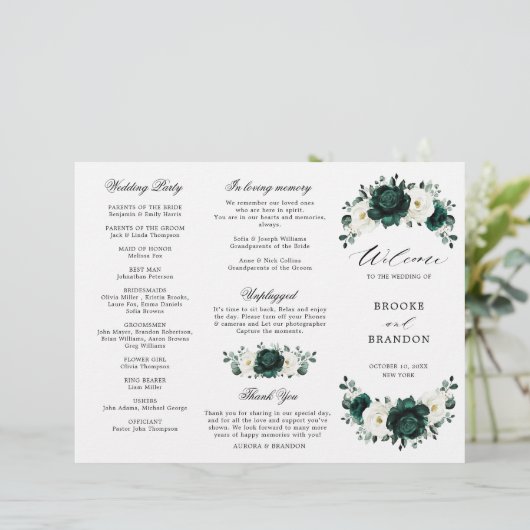 Emerald Greenery Floral Wedding Tri-Fold Programme (Staand voorkant)