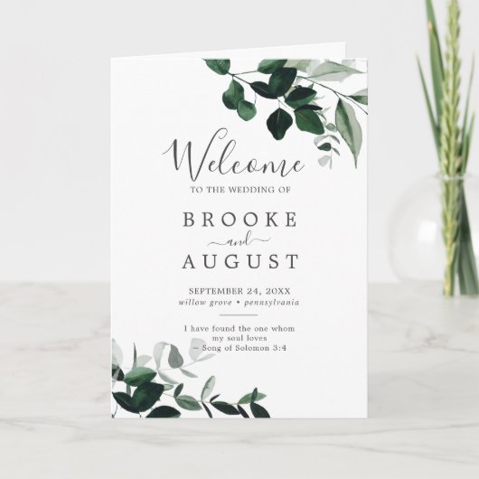 Emerald Greenery Folded Wedding Programma (Voorkant)