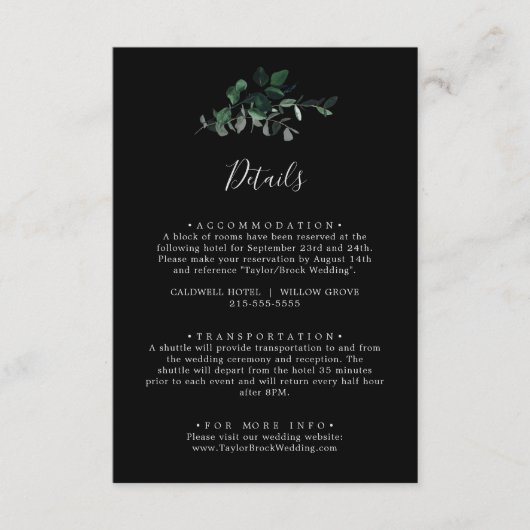 Emerald Greenery | Gegevens over het zwarte huweli Informatiekaartje (Voorkant)