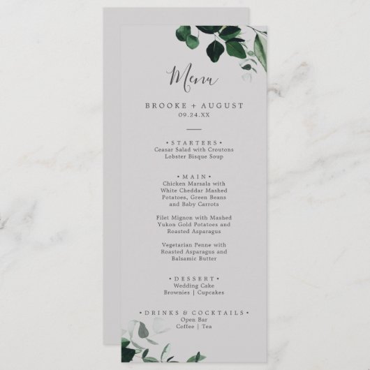 Emerald Greenery | Gray Weddenrenmenu Menu (Voorkant / Achterkant)