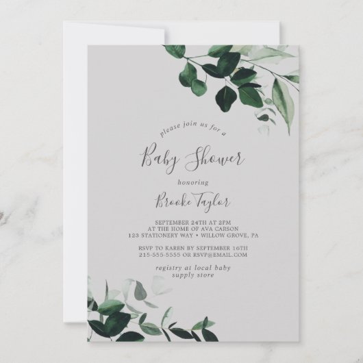 Emerald Greenery | Grijze Baby shower Kaart (Voorkant)