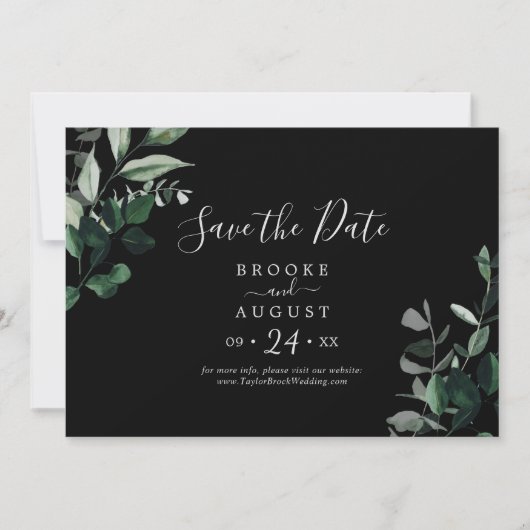 Emerald Greenery | Horizontaal zwart Save The Date (Voorkant)