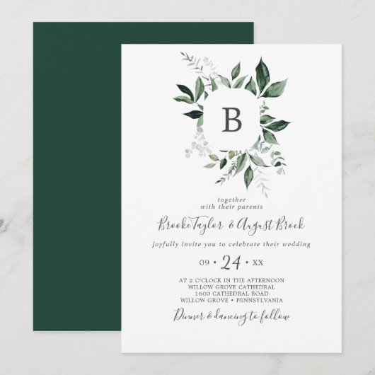 Emerald Greenery Monogram Wedding Kaart (Voorkant / Achterkant)