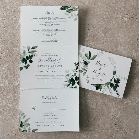 Emerald Greenery Photo Weddenschap All-in-One Drieluik Uitnodiging