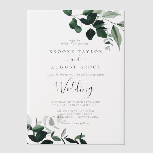 Emerald Greenery Rustiek Modern Boho Moody Wedding Vellum Uitnodigingen (Voorkant)