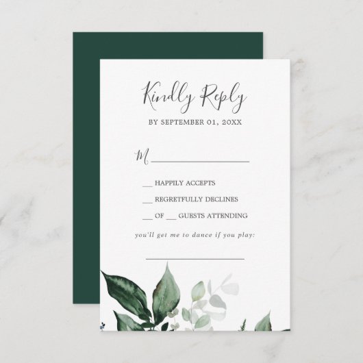 Emerald Greenery Song Request Wedding RSVP Kaart (Voorkant / Achterkant)