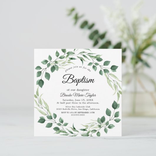 Emerald Greenery Square Doopuitnodiging Kaart (Staand voorkant)