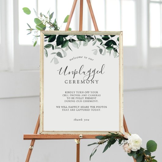 Emerald Greenery Unplugged Ceremony Sign Poster