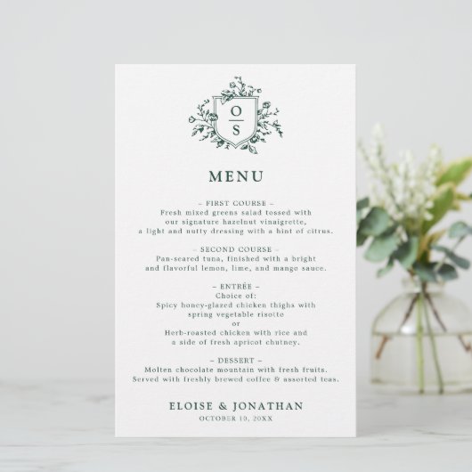 Emerald Greenery Vintage Botanical Mariage Menu (Debout devant)