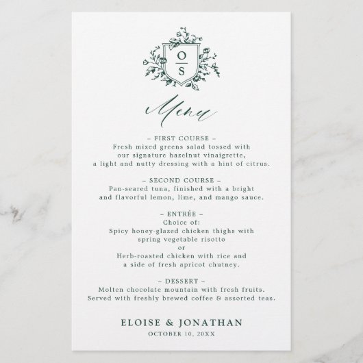 Emerald Greenery Vintage Botanical Mariage Menu (Devant)