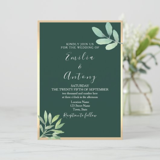 Emerald Greenery Wedding Invitation Kaart (Staand voorkant)