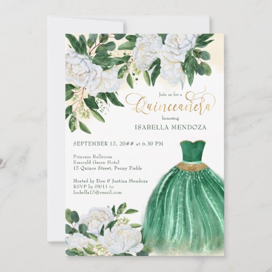 Emerald Greenery White Peony Princess Quinceanera Kaart (Voorkant)