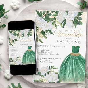 Emerald Greenery White Peony Princess Quinceanera Kaart
