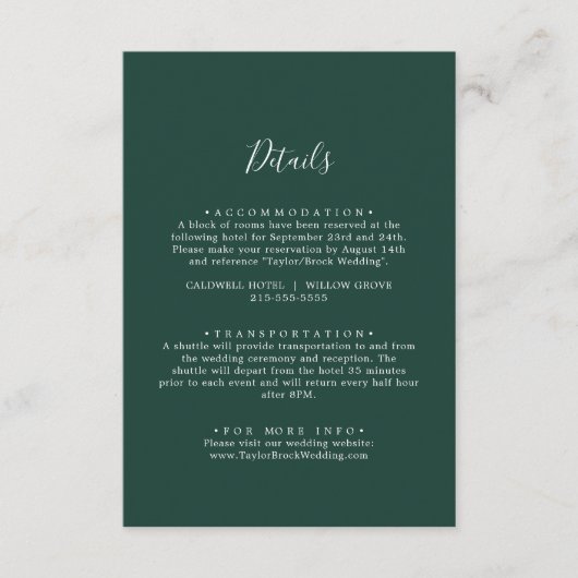 Emerald groen coördinaat bruiloft details informatiekaartje (Voorkant)