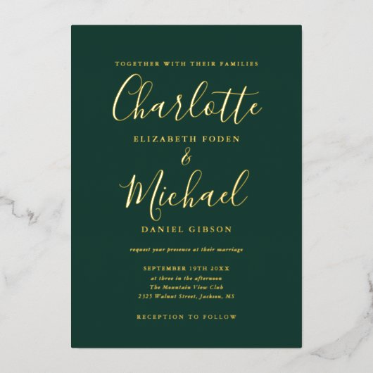 Emerald Groen En Goud Schrift Trouw Goud Folie Uitnodiging (Voorkant)