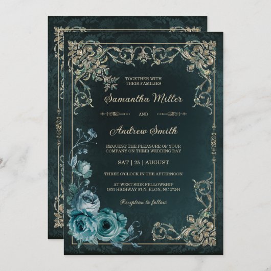 Emerald Groen en Gouden Bruiloft Kaart (Voorkant / Achterkant)