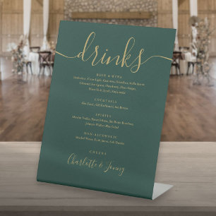 Emerald Groen En Gouden Script Trouw Dranken Menu Reclamebord Met Voetstuk