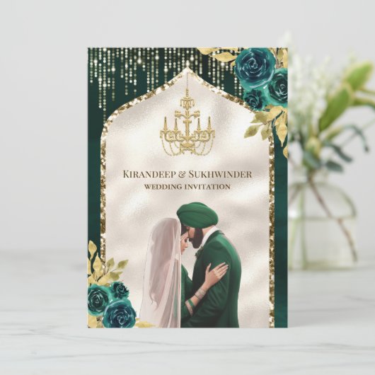 Emerald Groen Goud Bloemen Anand Karaj Sikh Bruilo Kaart (Staand voorkant)