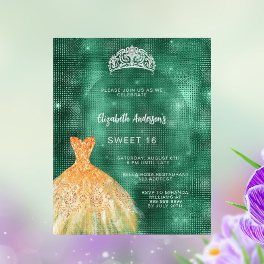 Emerald groen goud jurk tiara Sweet 16 uitnodiging