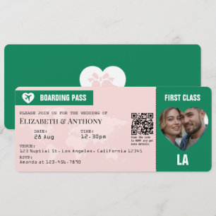 Emerald Groen & Zacht Roze Boarding Pass Trouwkaar Kaart