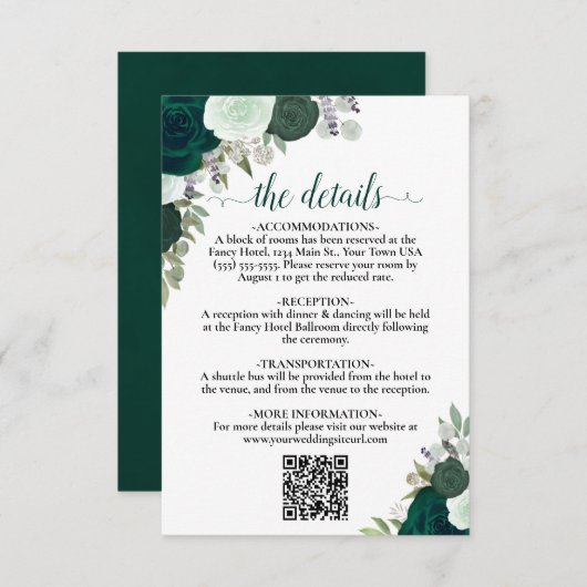 Emerald Groene Boho Rozen Trouwdetails QR-code Informatiekaartje (Voorkant / Achterkant)