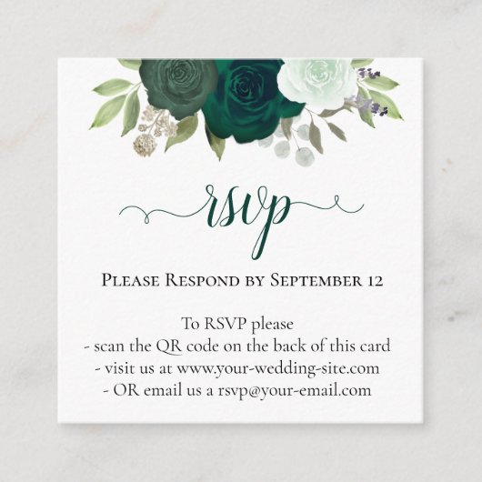 Emerald Groene Rozen Bruiloft RSVP QR Code Informatiekaartje (Voorkant)