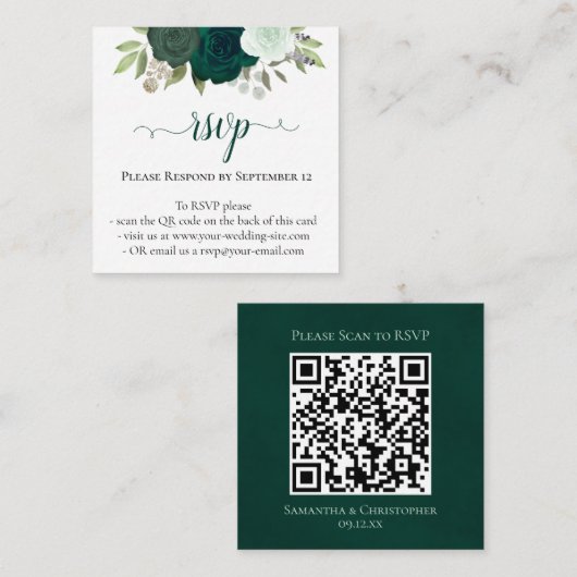 Emerald Groene Rozen Bruiloft RSVP QR Code Informatiekaartje (Voorkant / Achterkant)