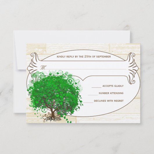 Emerald Heart Leaf Tree Barn Wood Wedding RSVP (Voorkant)