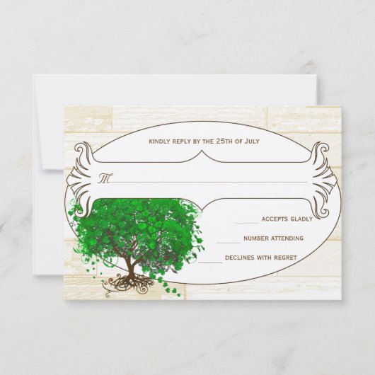 Emerald Heart Leaf Tree Barn Wood Wedding RSVP (Voorkant)