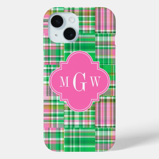 Emerald Hot Pink Preppy Patchwork Madras Monogram Case-Mate iPhone Case (Achterkant)
