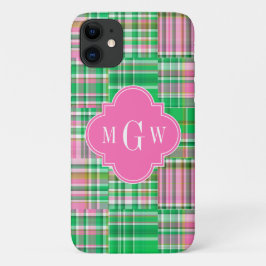 Emerald Hot Pink Preppy Patchwork Madras Monogram iPhone 11 Hoesje