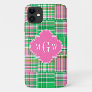 Emerald Hot Pink Preppy Patchwork Madras Monogram iPhone 11 Hoesje