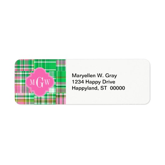 Emerald Hot Pink Preppy Patchwork Madras Monogram Etiket (Voorkant)