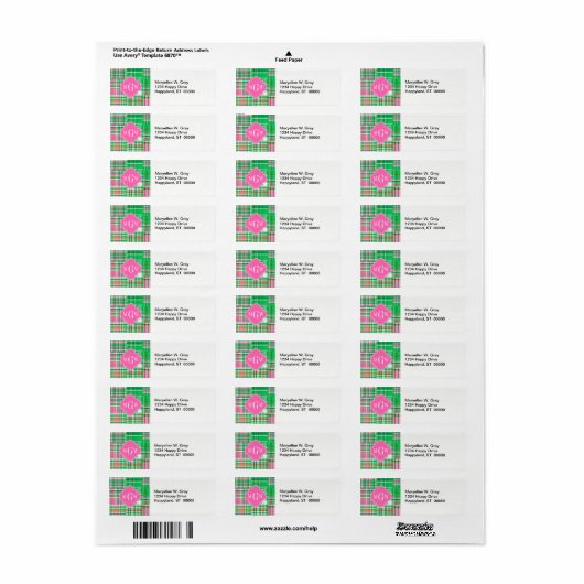 Emerald Hot Pink Preppy Patchwork Madras Monogram Etiket (Full Sheet)