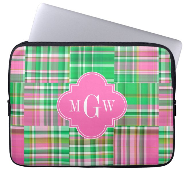 Emerald Hot Pink Preppy Patchwork Madras Monogram Laptop Sleeve (Voorkant)