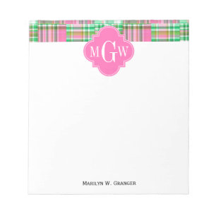 Emerald Hot Pink Preppy Patchwork Madras Monogram Notitieblok
