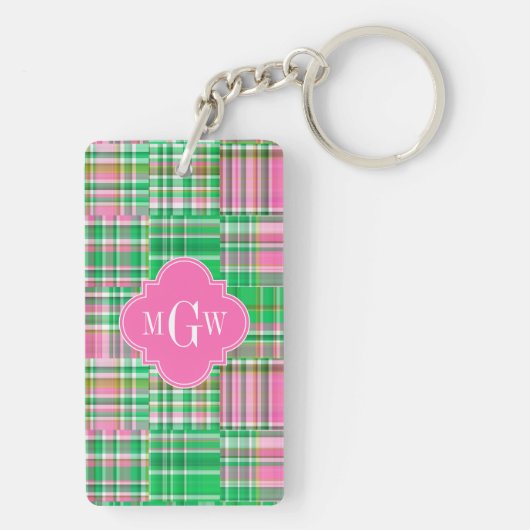 Emerald Hot Pink Preppy Patchwork Madras Monogram Sleutelhanger (achterkant)