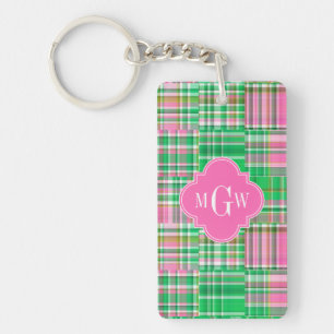 Emerald Hot Pink Preppy Patchwork Madras Monogram Sleutelhanger