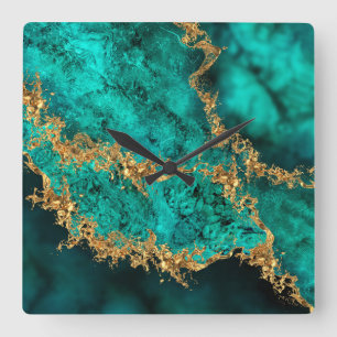 Emerald Jade Gold Splatter Abstract Vierkante Klok