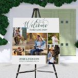 Emerald Mariage Welcome 5 Photo Love Story<br><div class="desc">Bienvenue à notre Love Story, panneau d'accueil multi photo mariage. "Bienvenue" est écrit en calligraphie vert émeraude élégante et vous pouvez personnaliser le texte restant avec votre texte personnalisé, y compris les noms de mariée et de mariée, votre date et lieu mariage. Le modèle photo est configuré pour afficher vos...</div>