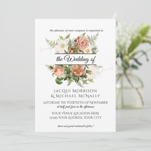 Emerald n Blush Peony, Rozen w Fern krans bruiloft Kaart (Staand voorkant)